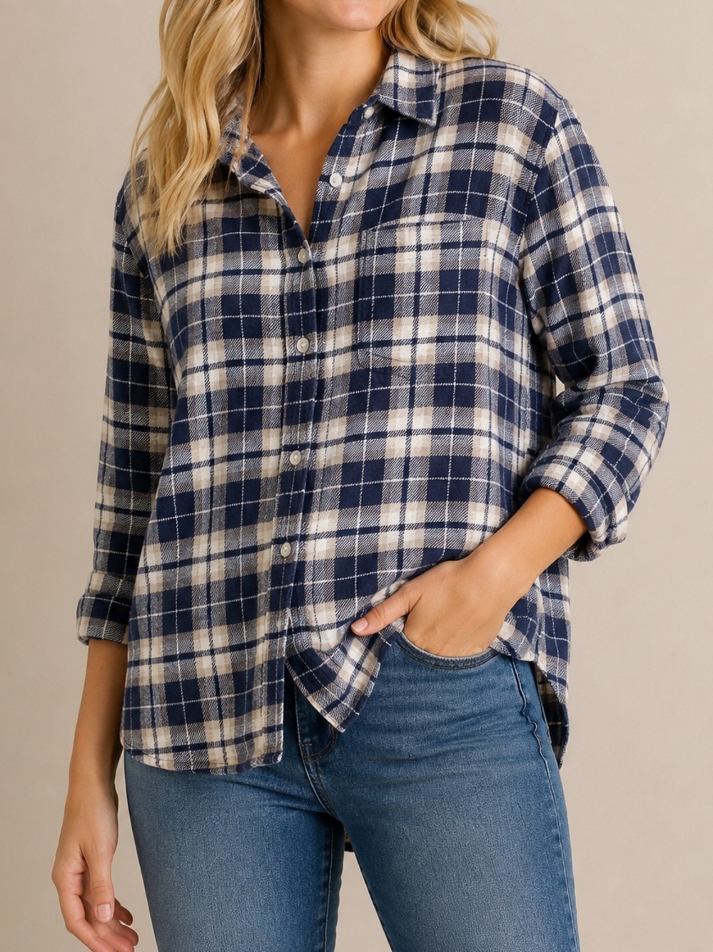 American Eagle 100% Cotton Plaid Flannel Shirt Blue White Button Front Small